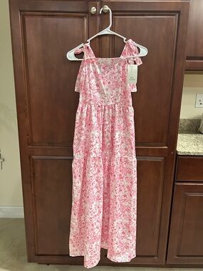 Pink Floral Midi Dress with Shoulder Ties